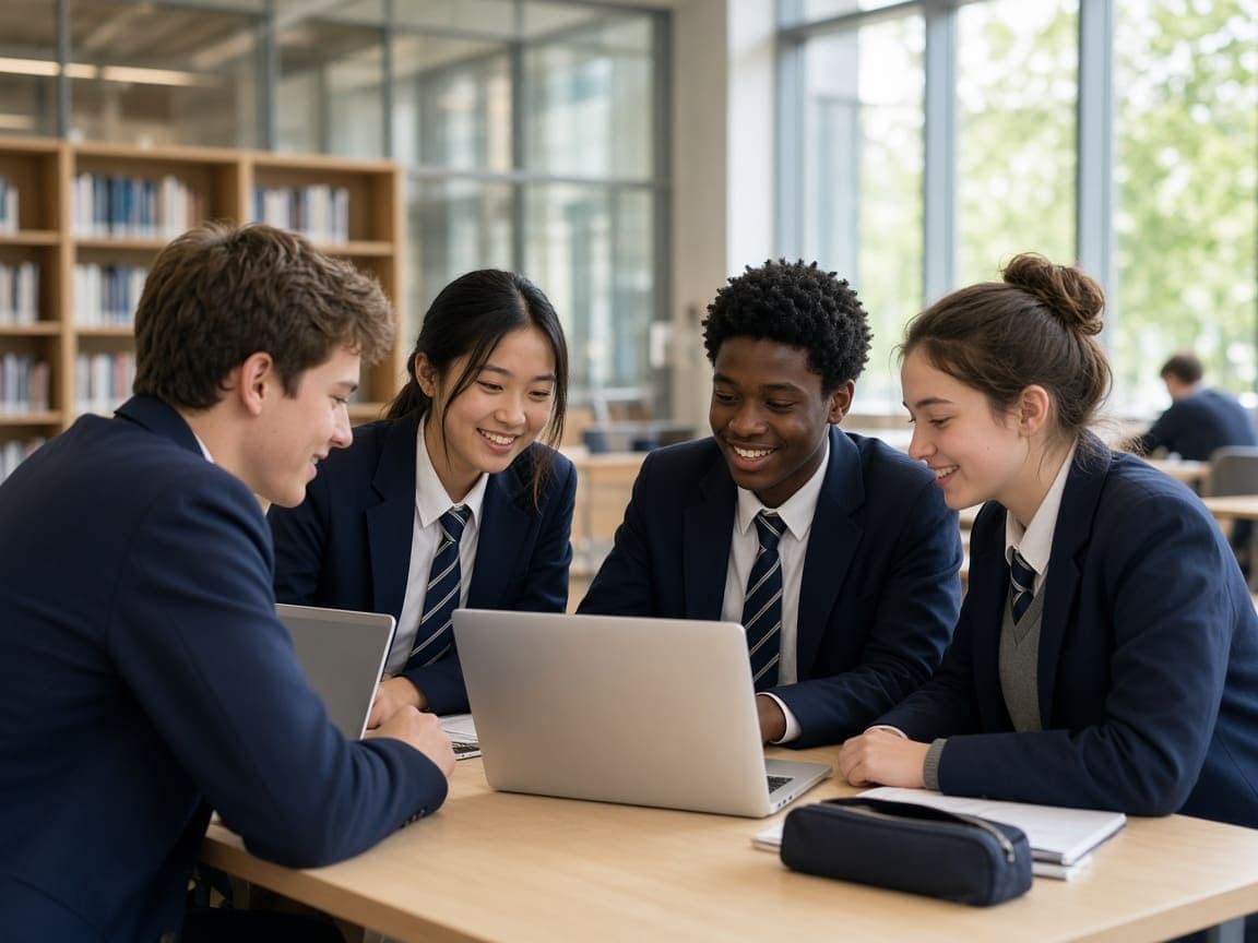Students collaborating on research in a school library