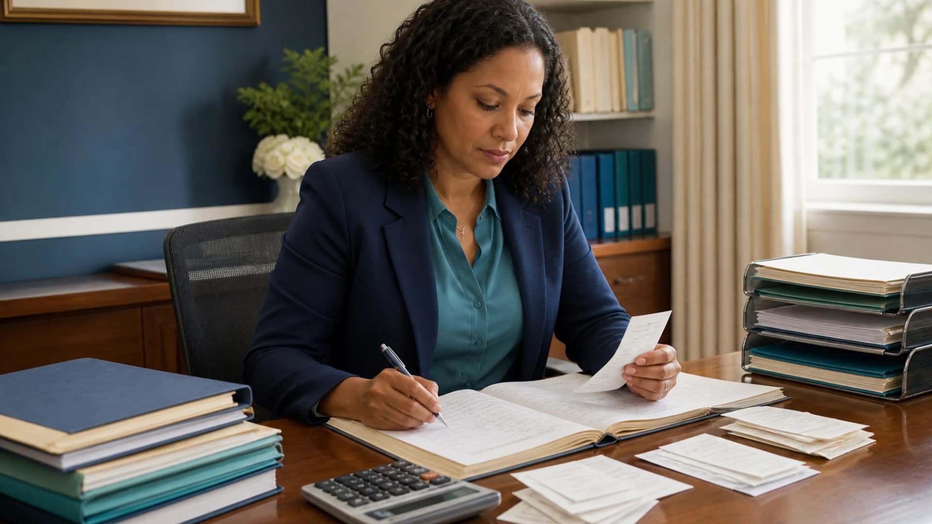 School bursar reconciling fee receipts and records at an office desk