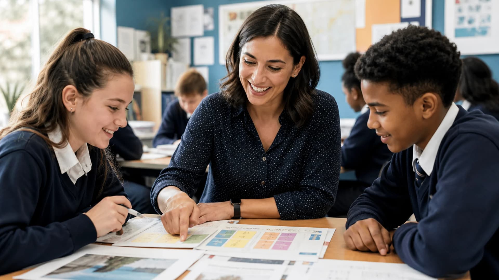 Teacher helping students review lesson materials in a classroom