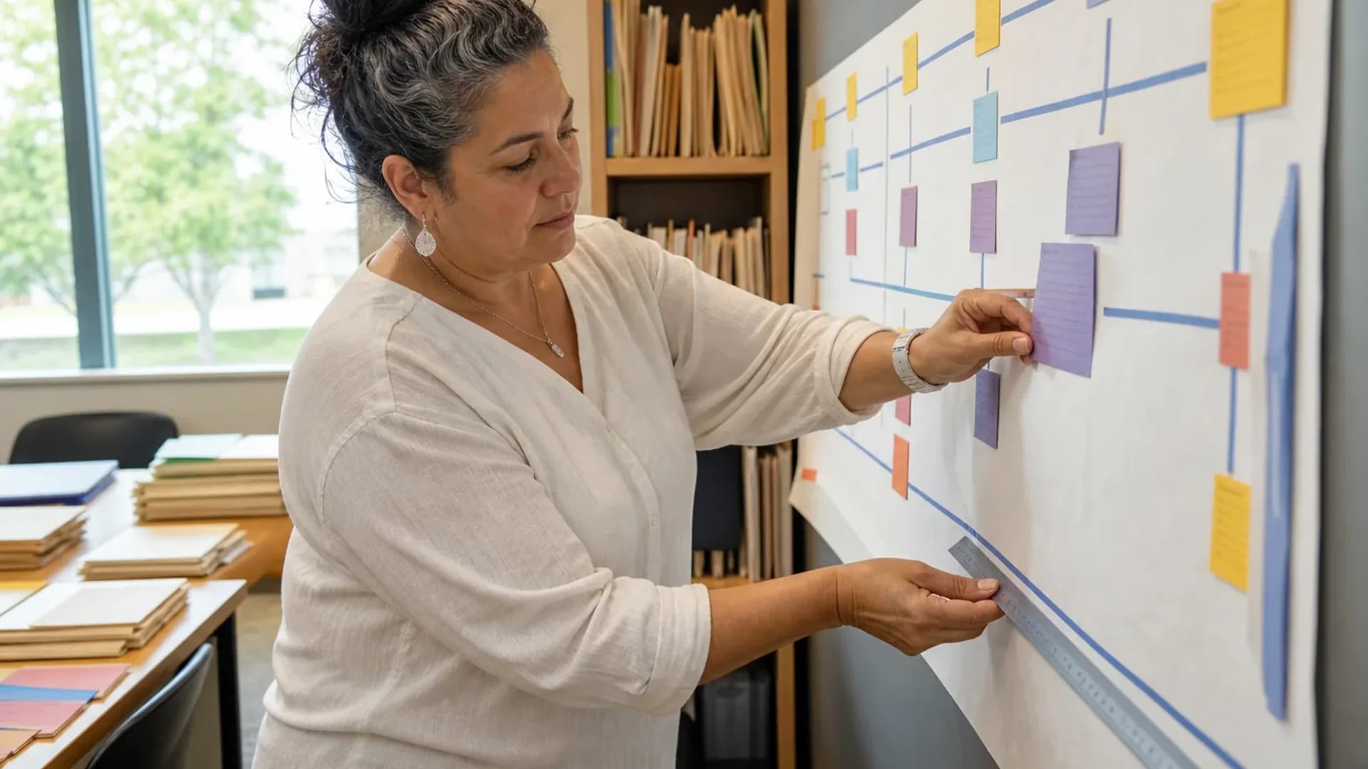 School operations coordinator arranging a paper workflow map