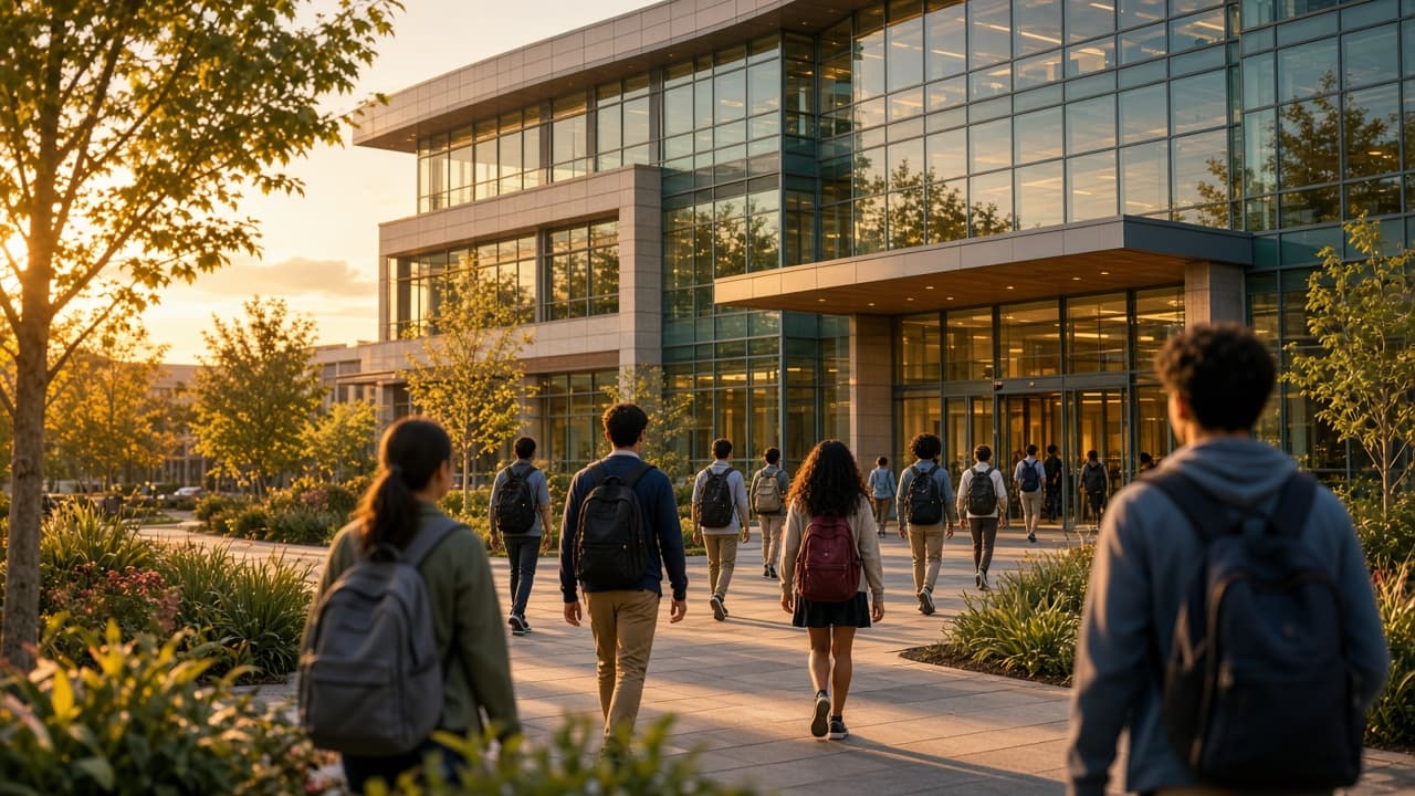 School management software for global campuses Modern international school campus with students arriving at the gate