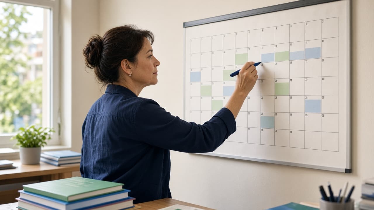 Academic foundation — calendar, terms, and boards Academic coordinator planning term dates and holidays on a wall calendar