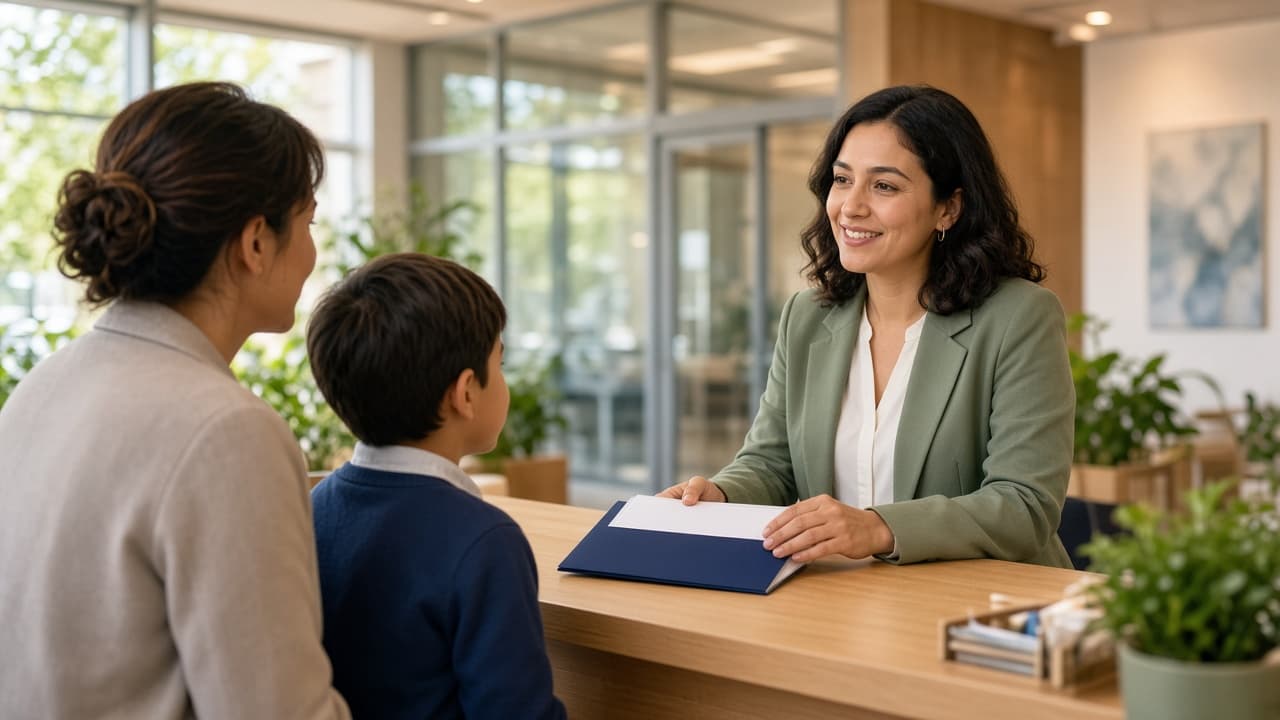 Family at school admissions desk with admissions officer