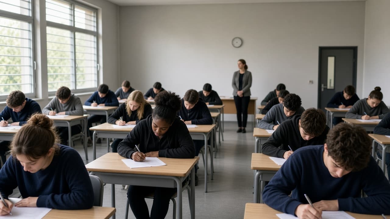 Assessments — exams, gradebook, and report cards Students writing exams in a supervised school hall