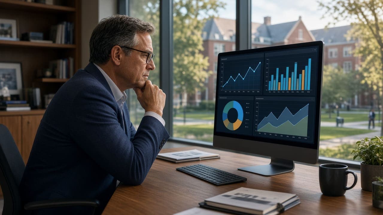 Principal reviewing analytics dashboard and school reports