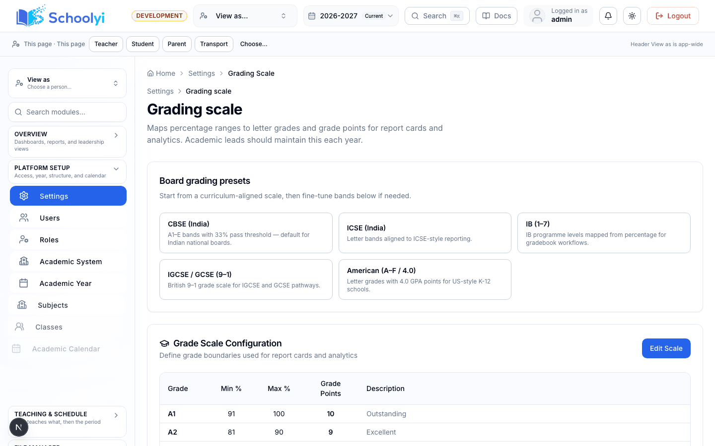 Board-specific grading scale presets