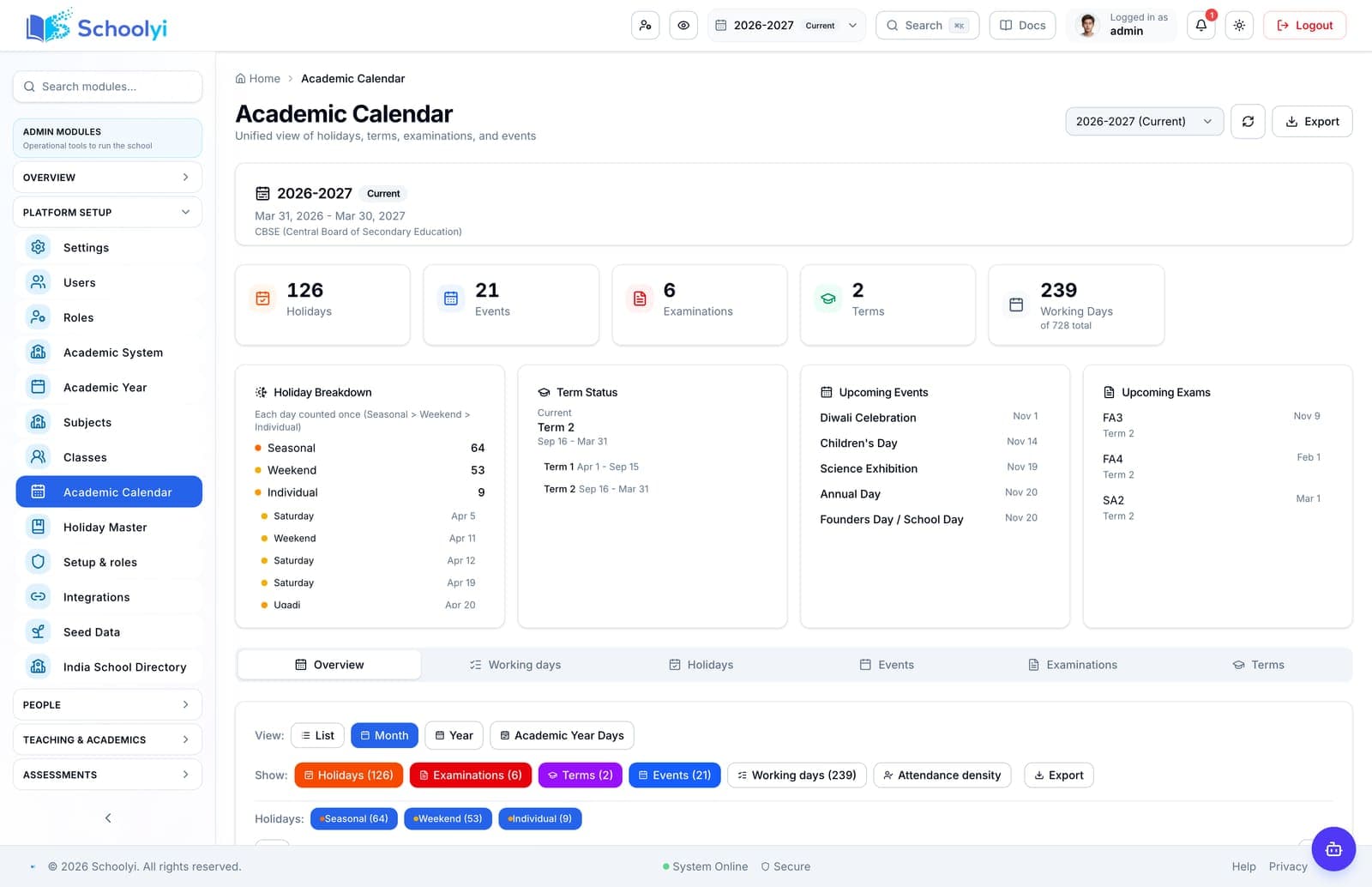 Schoolyi academic calendar overview with holiday, event, examination, term, and working-day totals