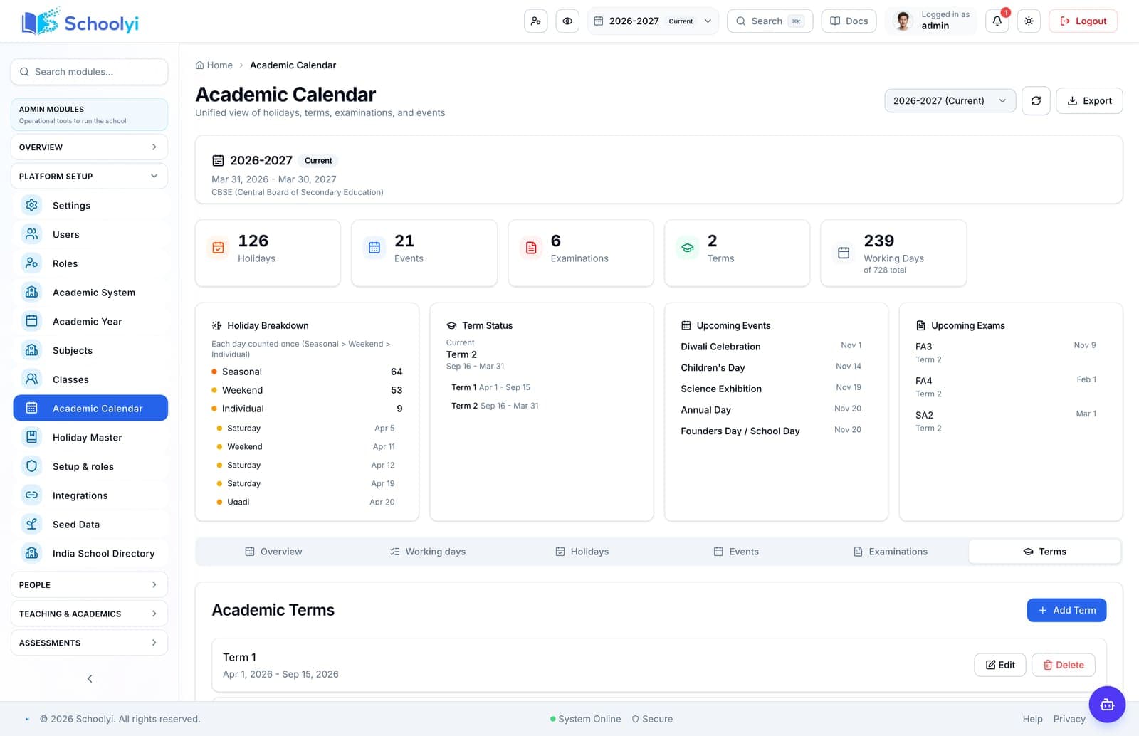 Schoolyi academic terms setup with start and end dates for the current school year