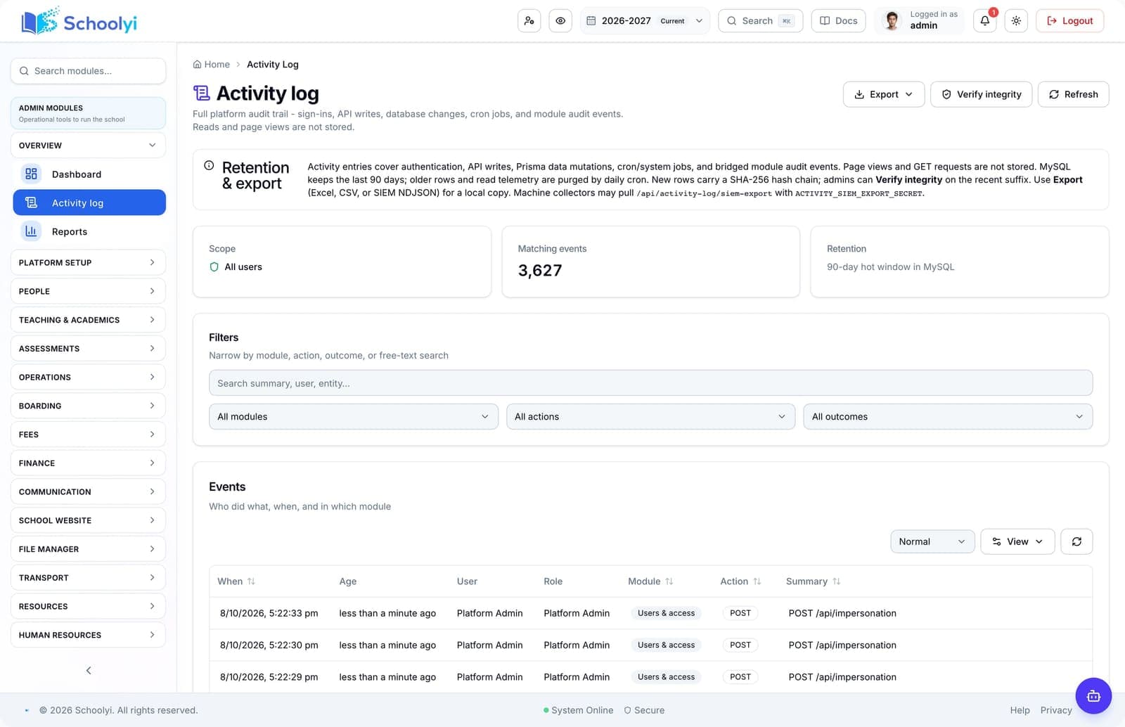 Schoolyi activity log listing staff actions for operational review and export