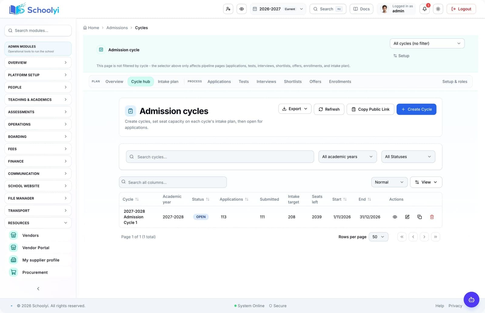 Schoolyi admissions cycles with intake plans, tests, and offer stages