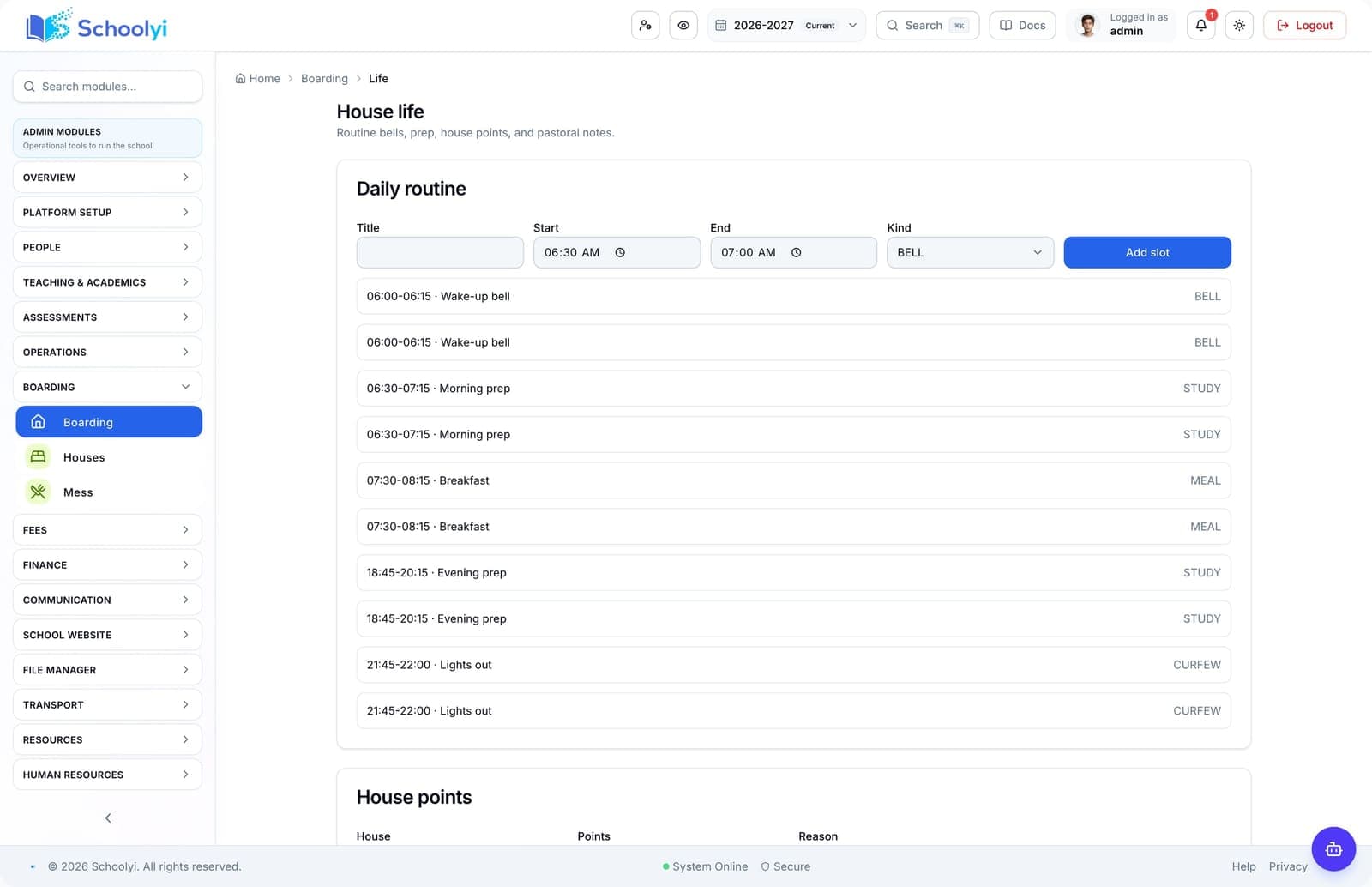 Schoolyi boarding life workspace for residential routines and welfare