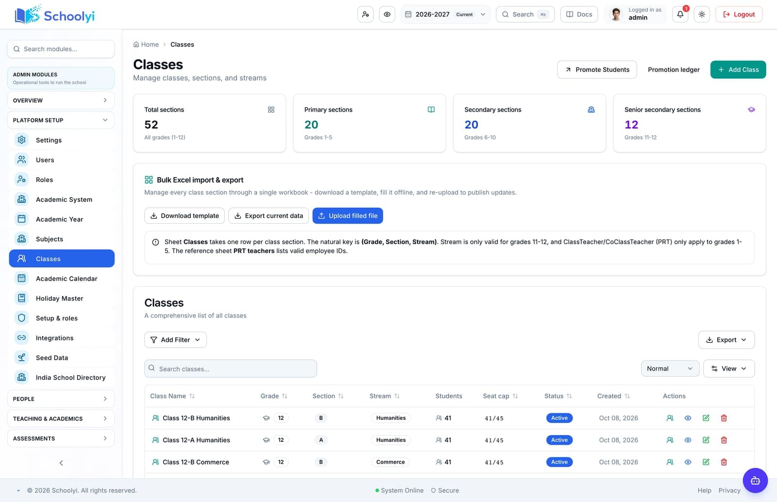 Schoolyi class structure list with sections, streams, and academic year placement