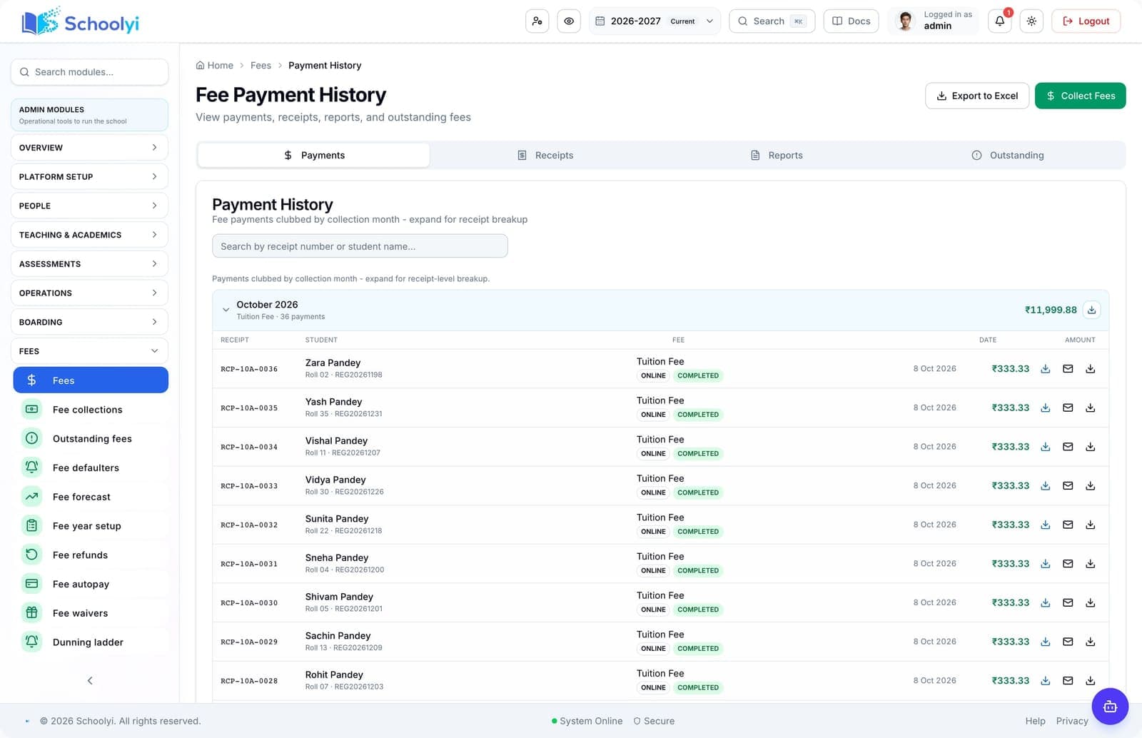 Schoolyi fee payment history with receipts and online payment records