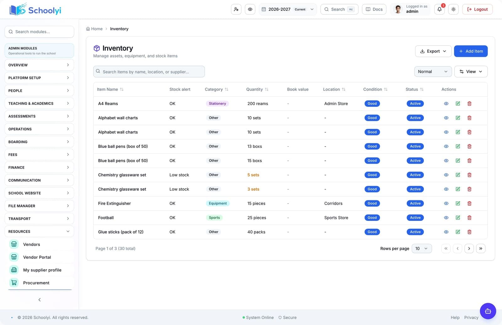 Schoolyi inventory list with stock levels and item movements