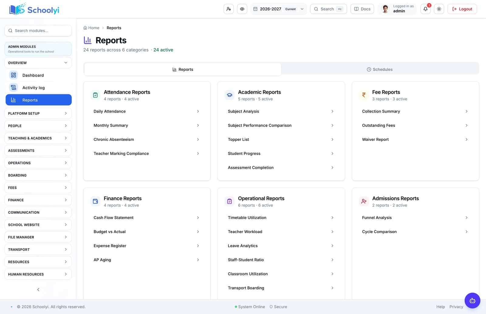 Schoolyi leadership reports hub covering attendance, academics, fees, finance, operations, and admissions