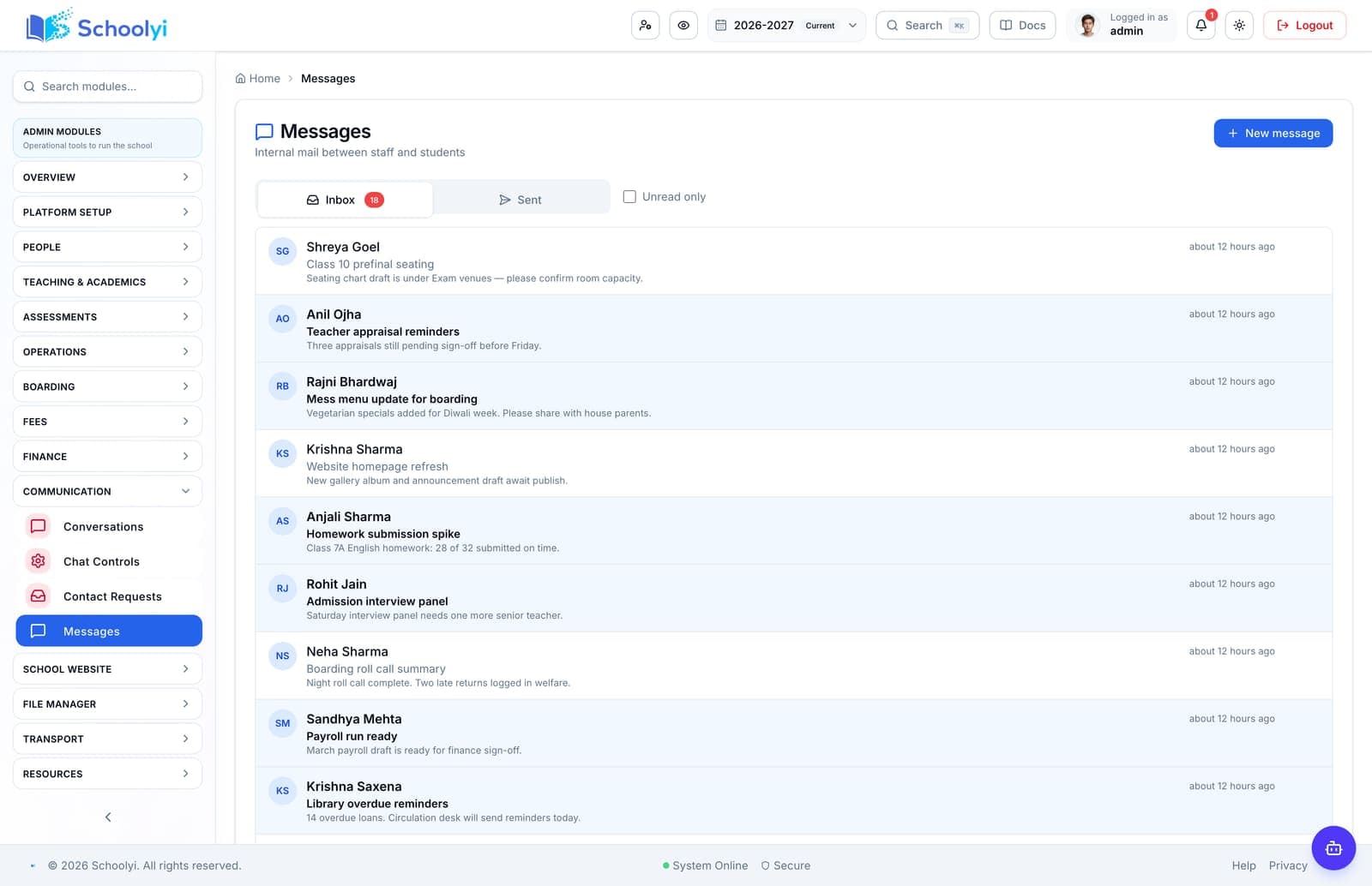 Schoolyi staff messages inbox for school communication threads