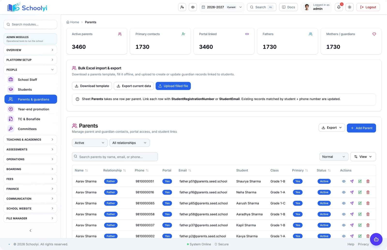 Schoolyi parent and guardian records linked to students in the school roster