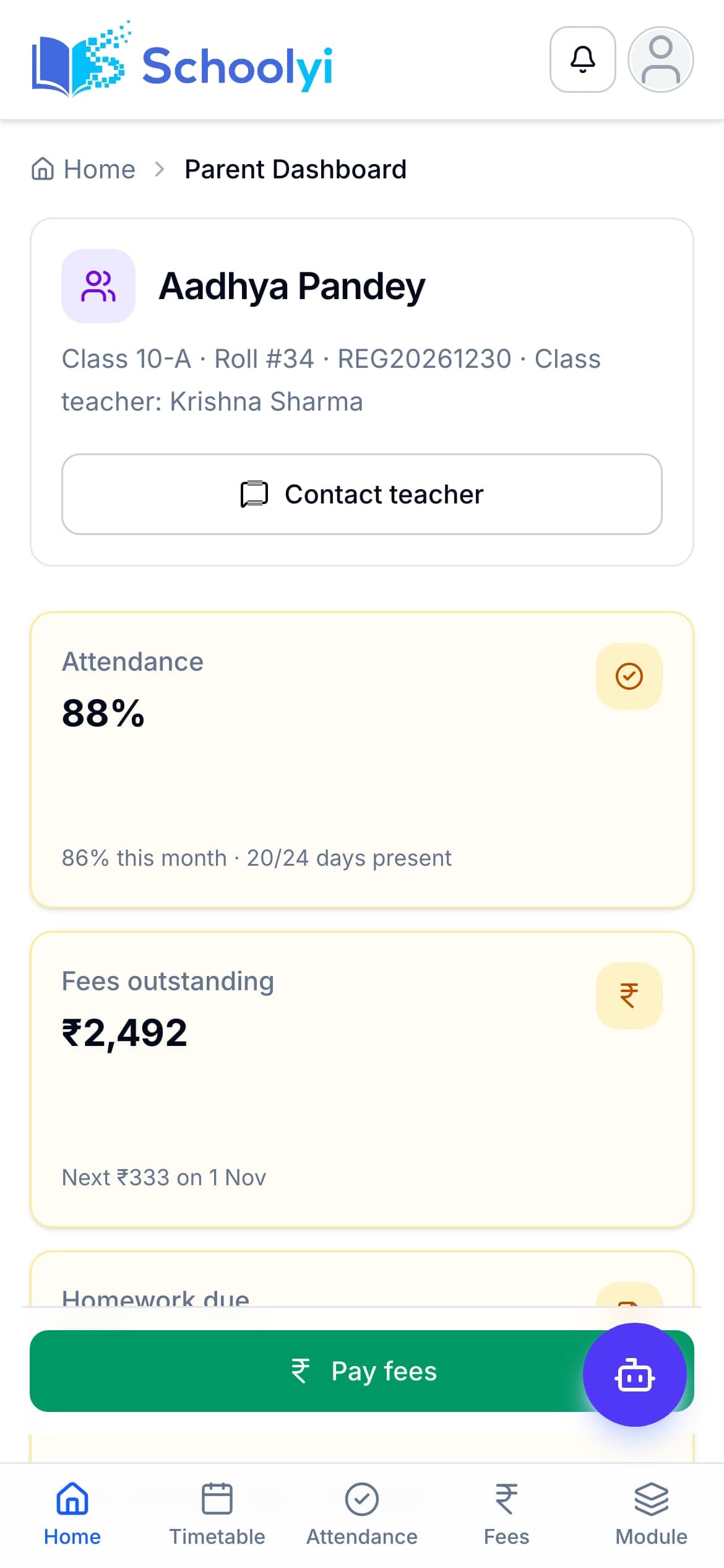 Schoolyi parent mobile dashboard showing a child summary for fees, attendance, and updates