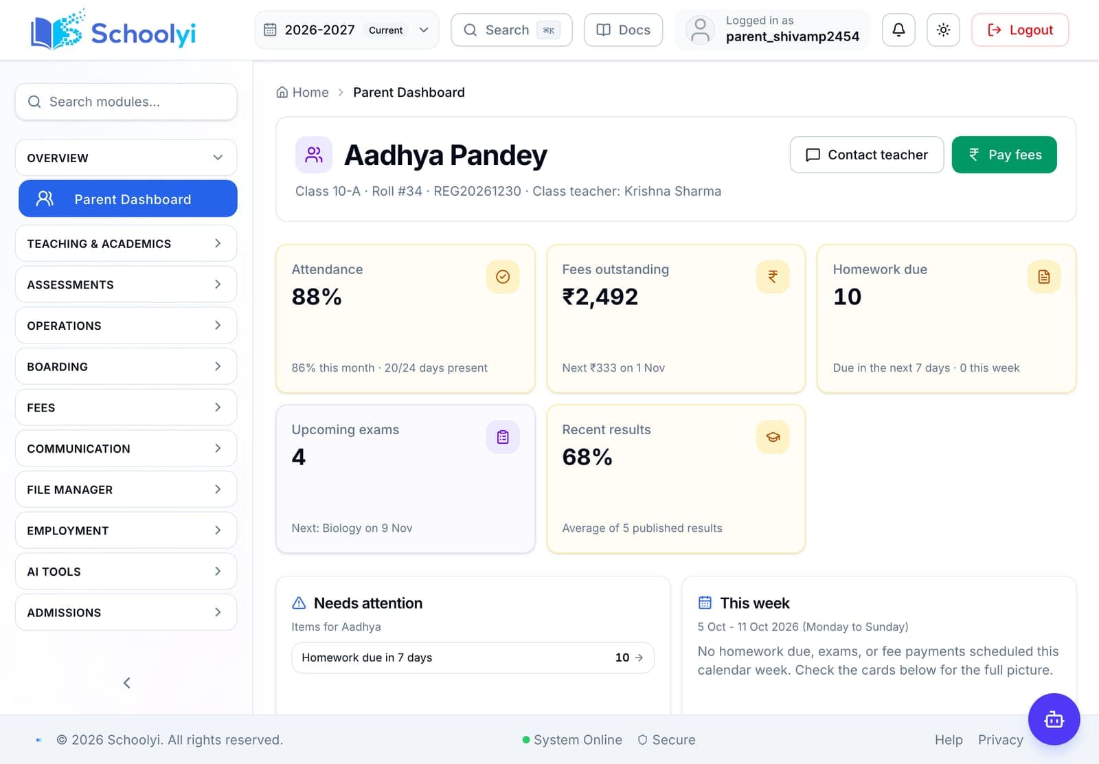 Schoolyi parent dashboard on a tablet with child fees and attendance
