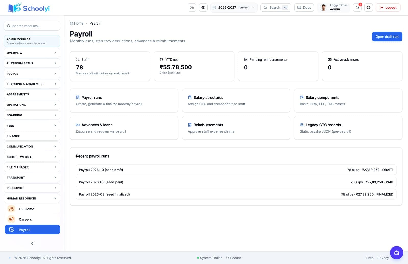 Schoolyi payroll run with staff salaries and payslip status