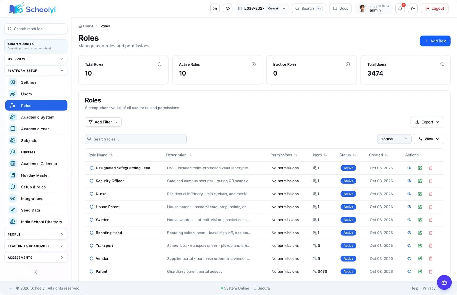 Schoolyi roles and permissions matrix for staff access across school modules