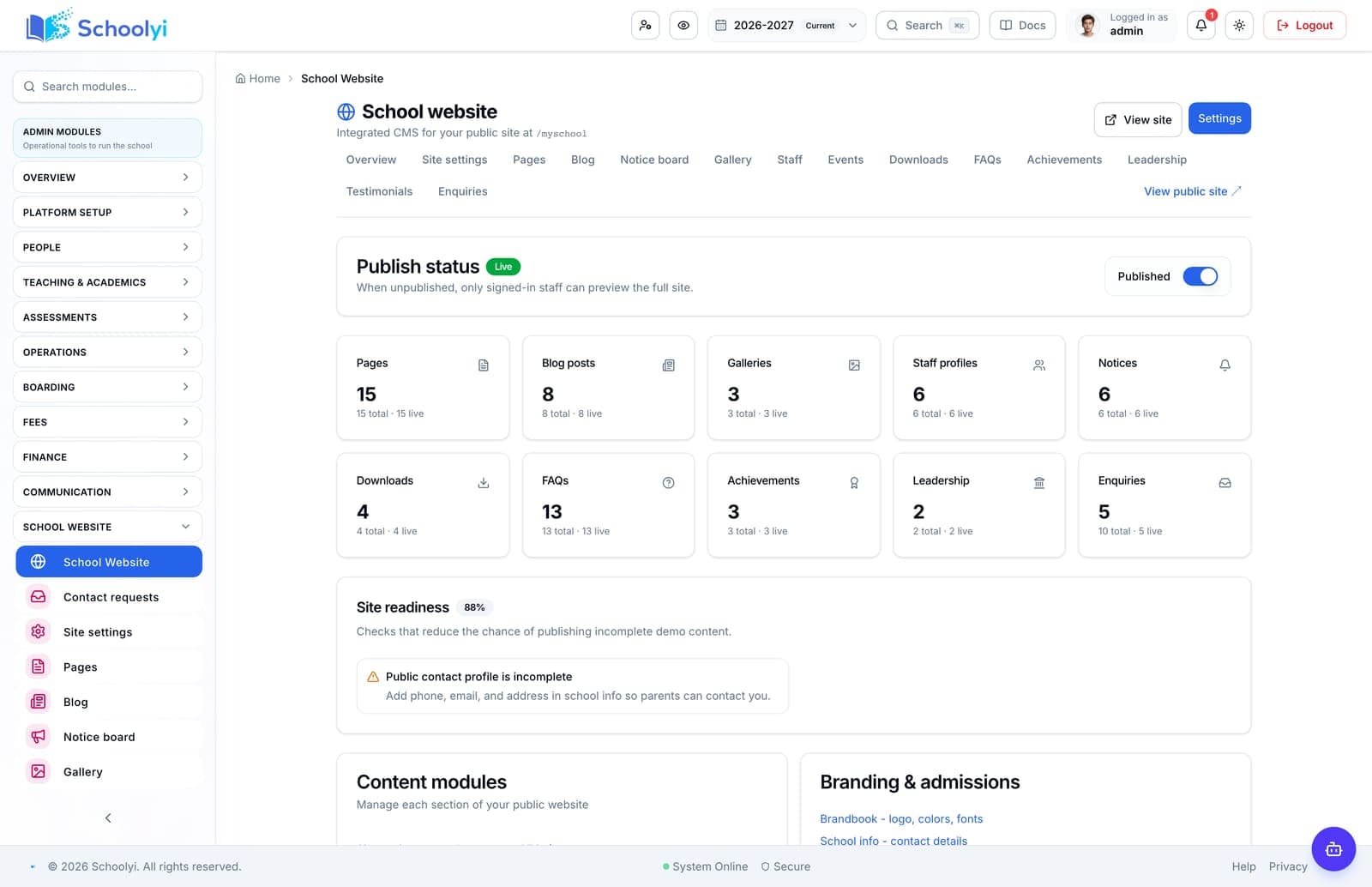 Schoolyi school website CMS with public pages, events, and news