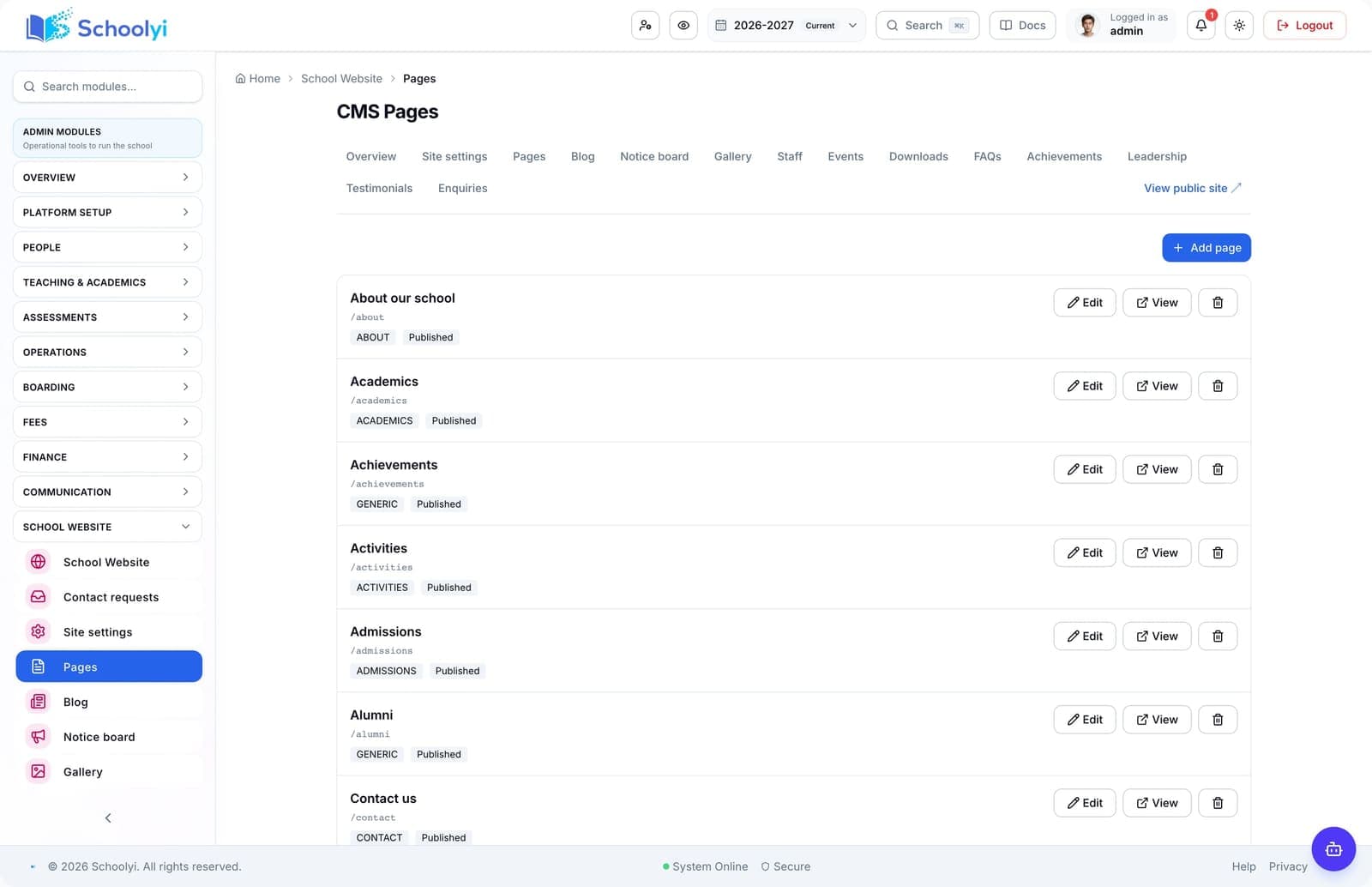 Schoolyi website pages editor listing public school site pages