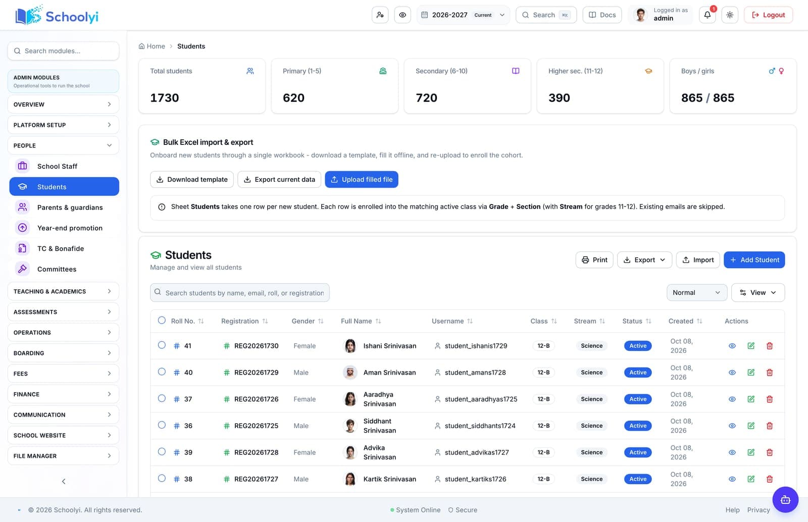 Schoolyi student roster with names, classes, and family links for the active academic year