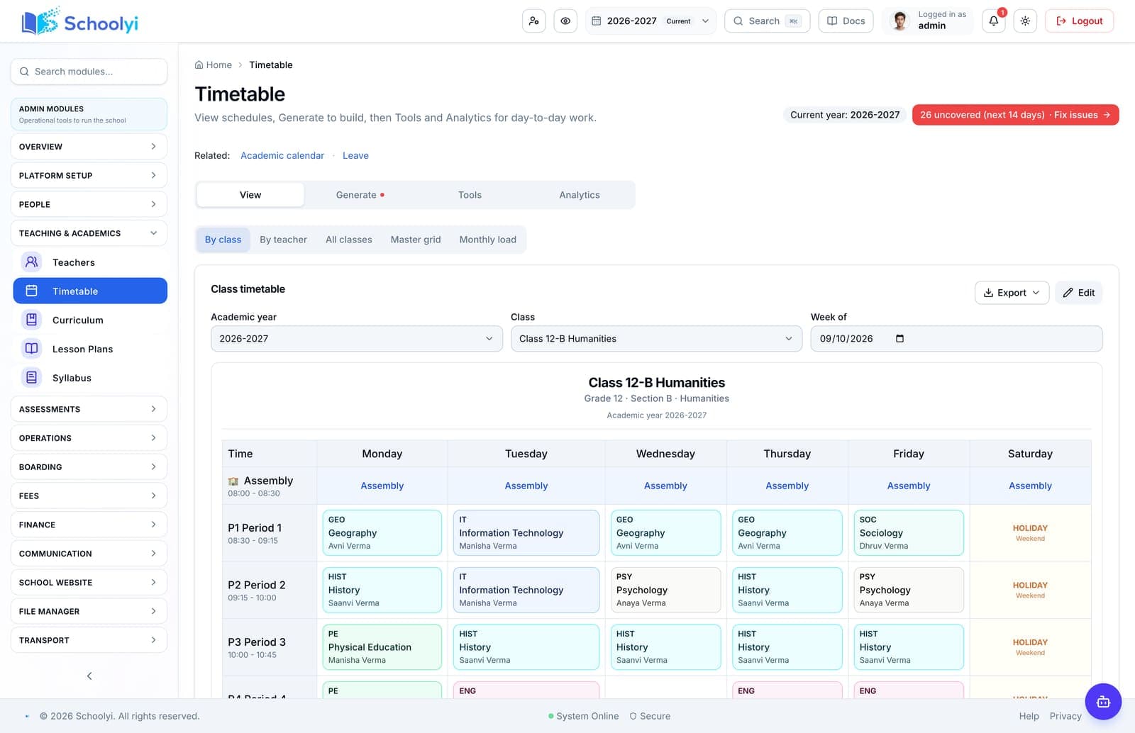 Schoolyi published class timetable grid with periods, subjects, and teachers