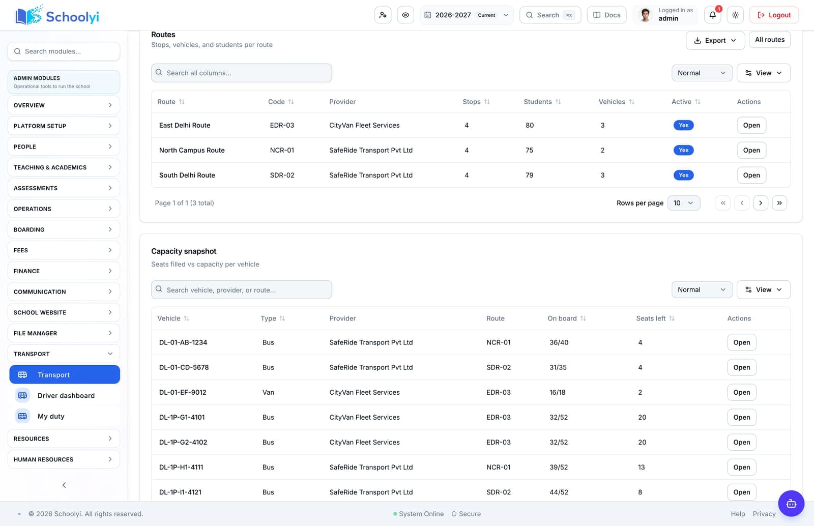 Schoolyi transport dashboard with routes, vehicles, and student assignments
