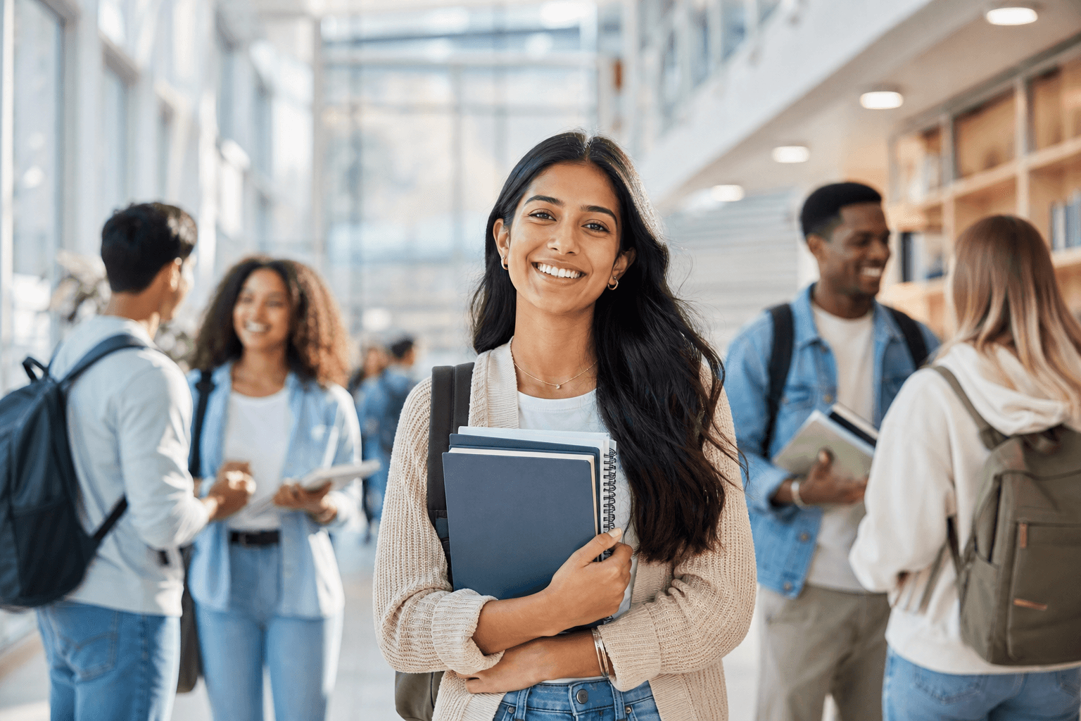 Students on a bright modern school campus