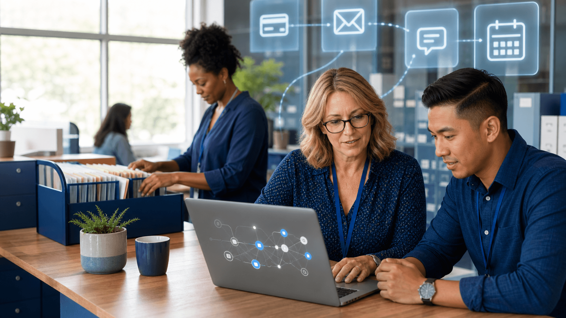 Schoolyi integrations, connected school operations School operations team reviewing connected payment, email, messaging, and calendar workflows