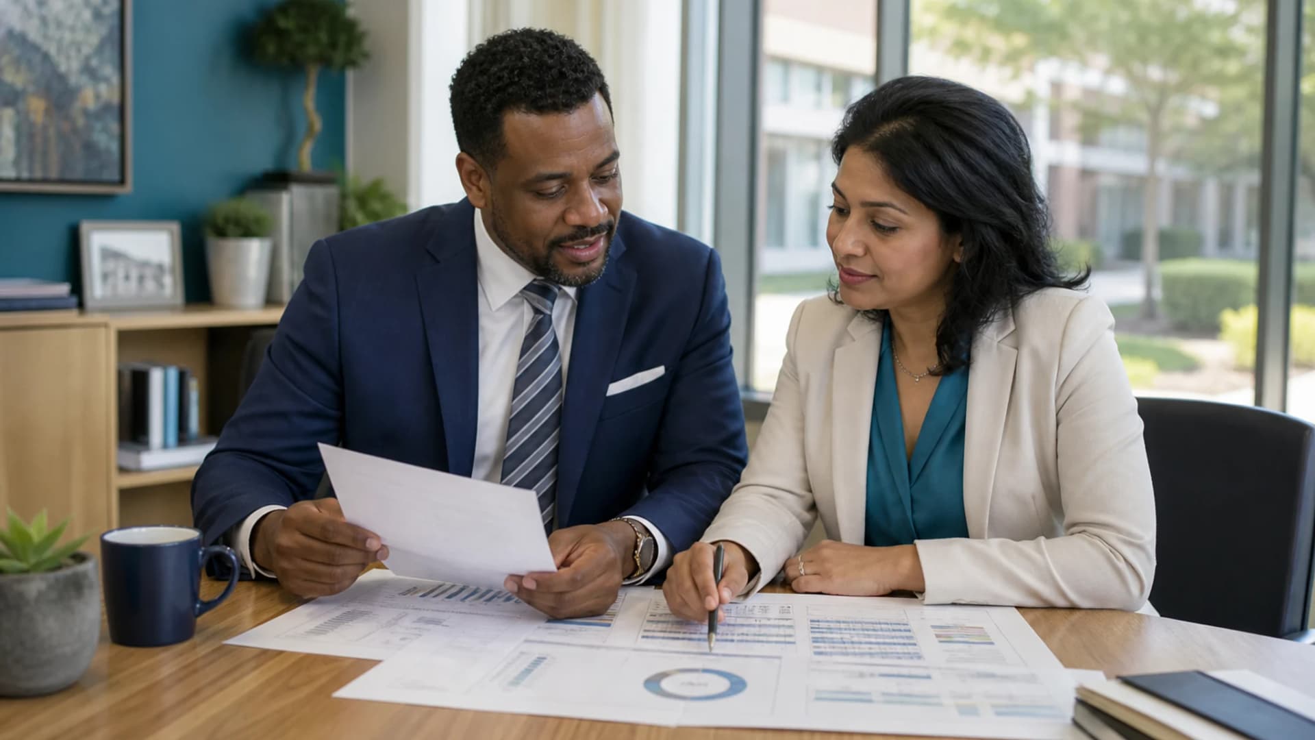 School leadership and principals School principal and deputy head reviewing reports in a modern office