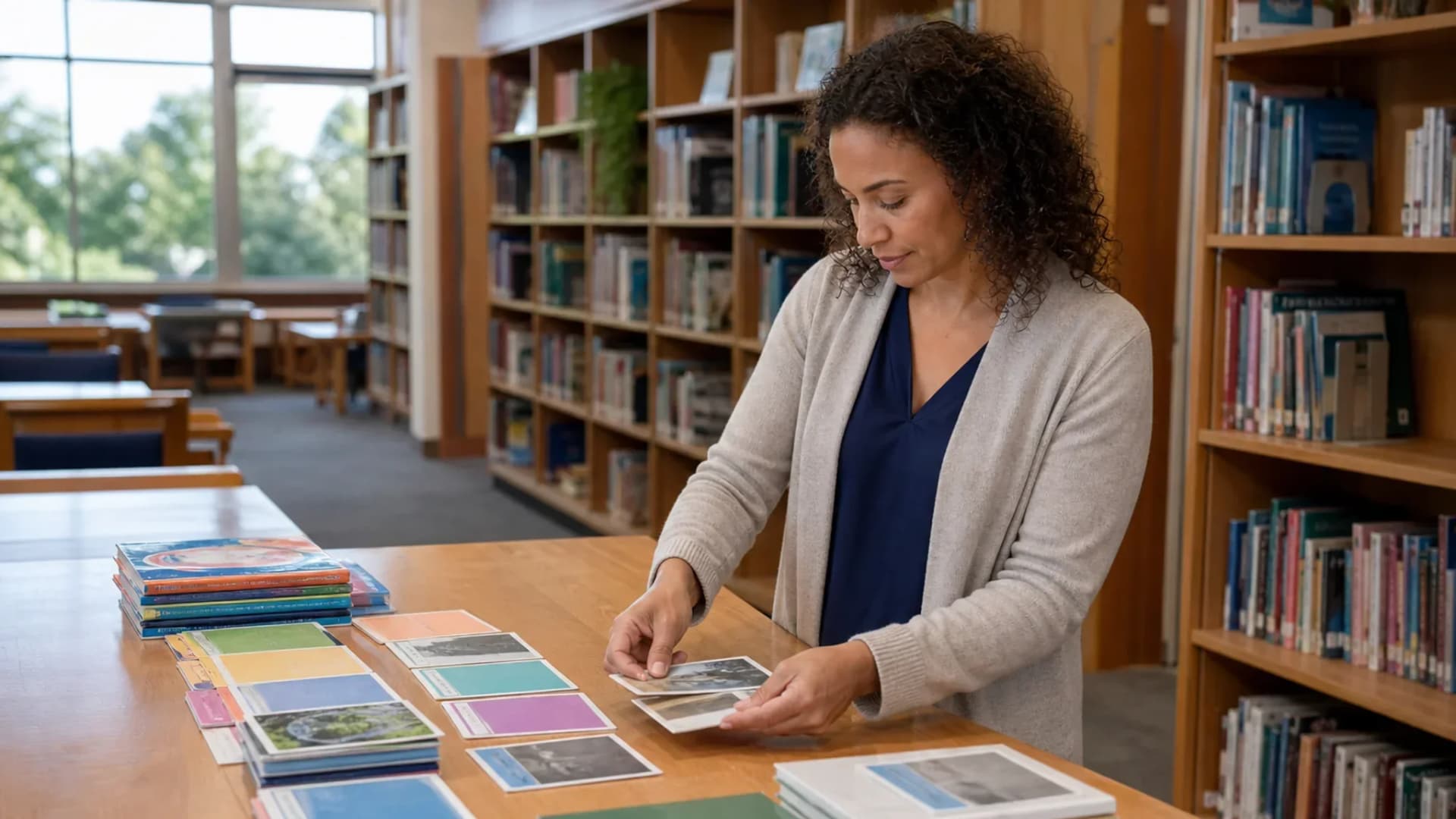 Schoolyi resources, practical rollout guidance School librarian arranging books and planning cards in a bright library
