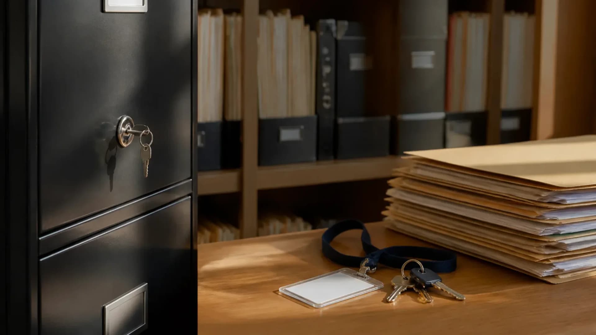 Schoolyi trust, careful records governance Secure school records cabinet and access badge in an administration office