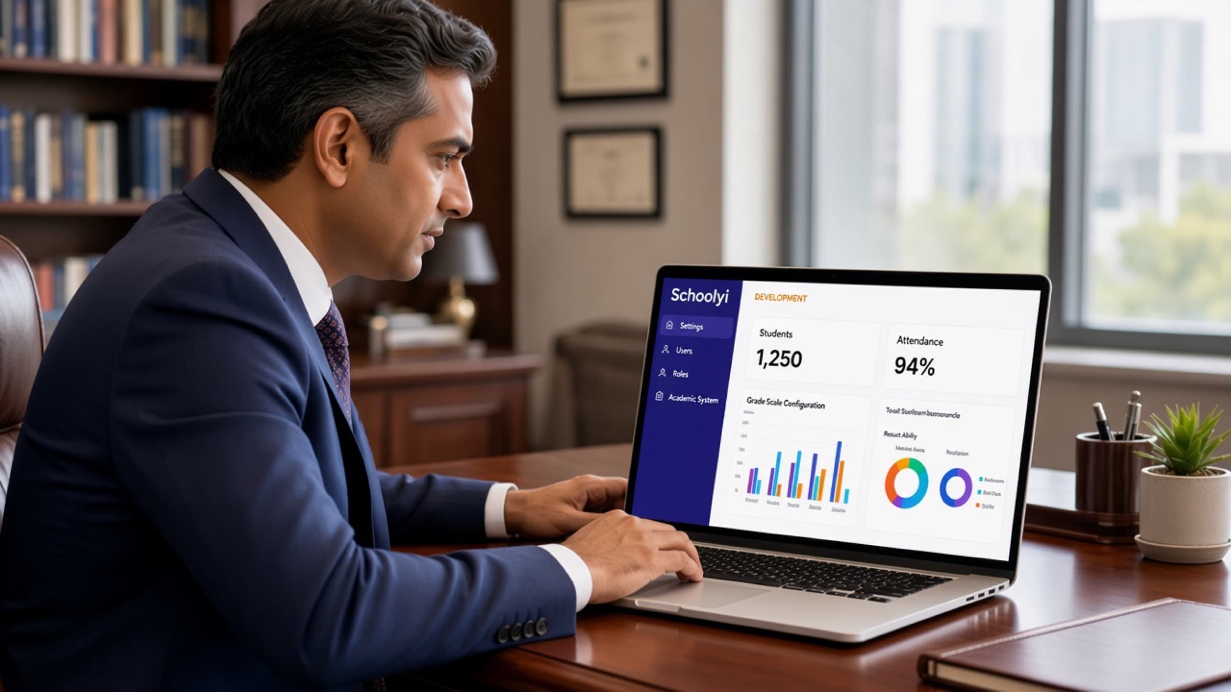 Principal using Schoolyi leadership dashboard on a laptop