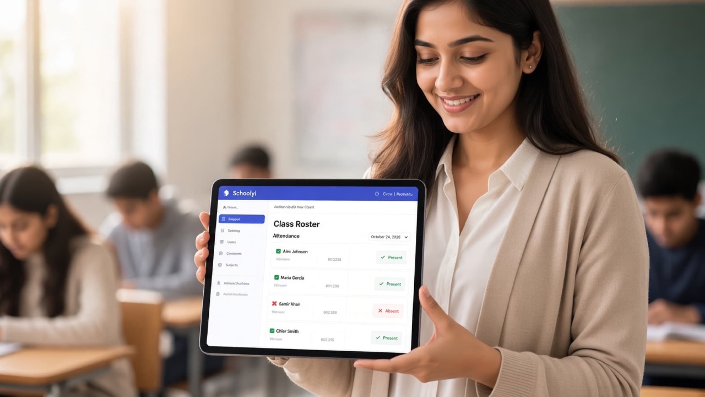 Teacher marking attendance on Schoolyi with a tablet in class