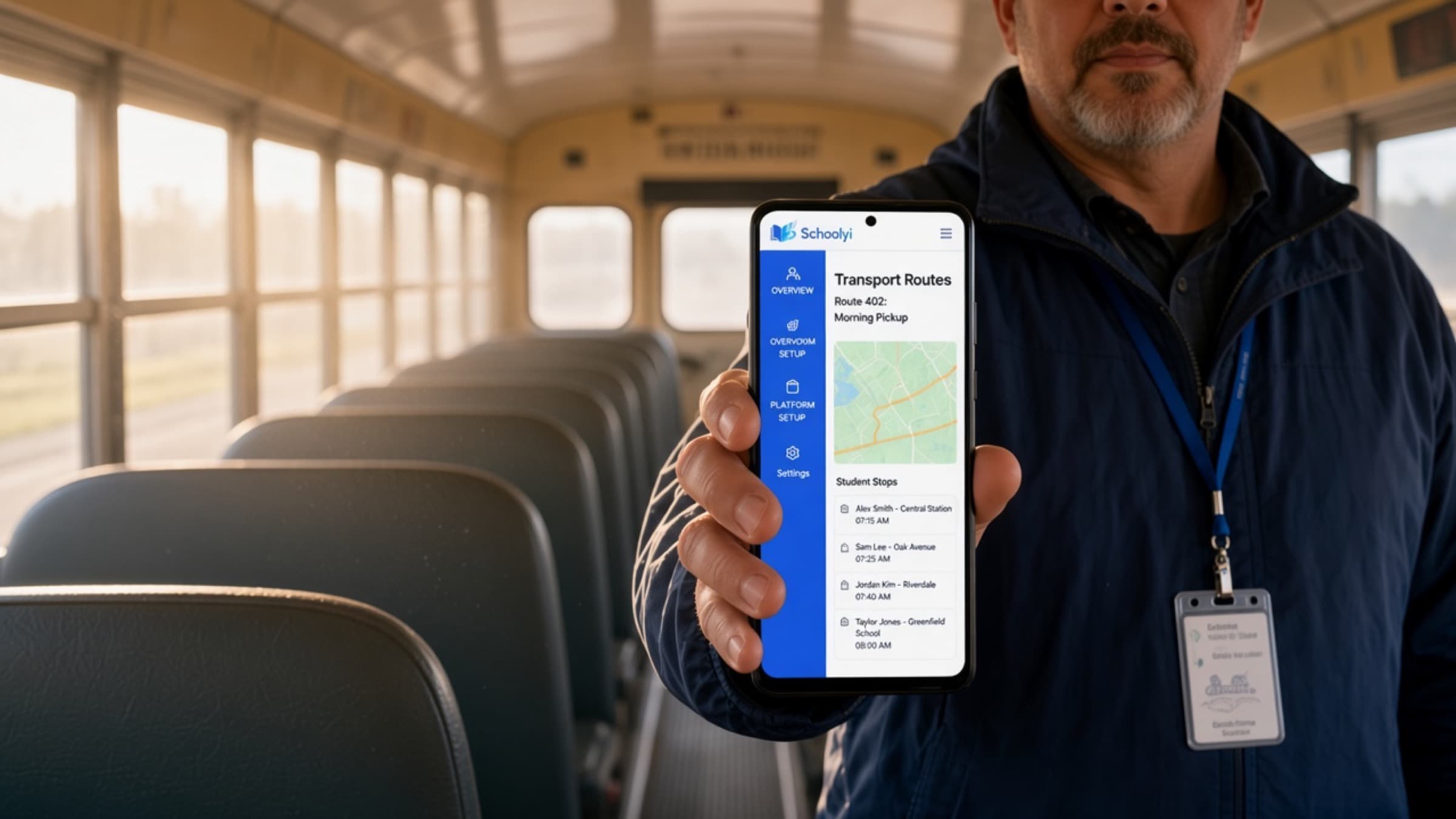 Transport staff using Schoolyi route app on a phone inside a school bus