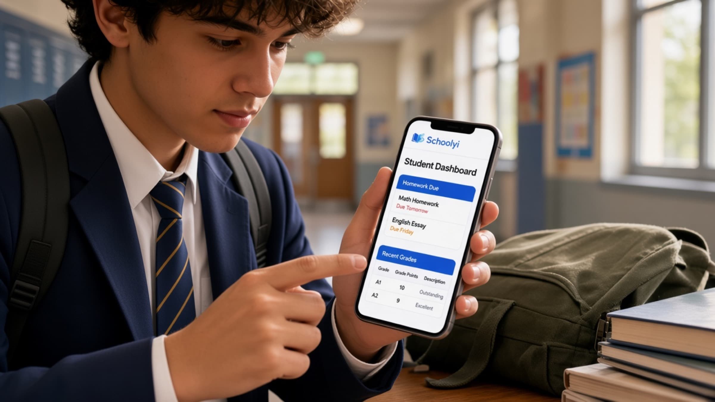 Student checking homework and grades in Schoolyi on a phone