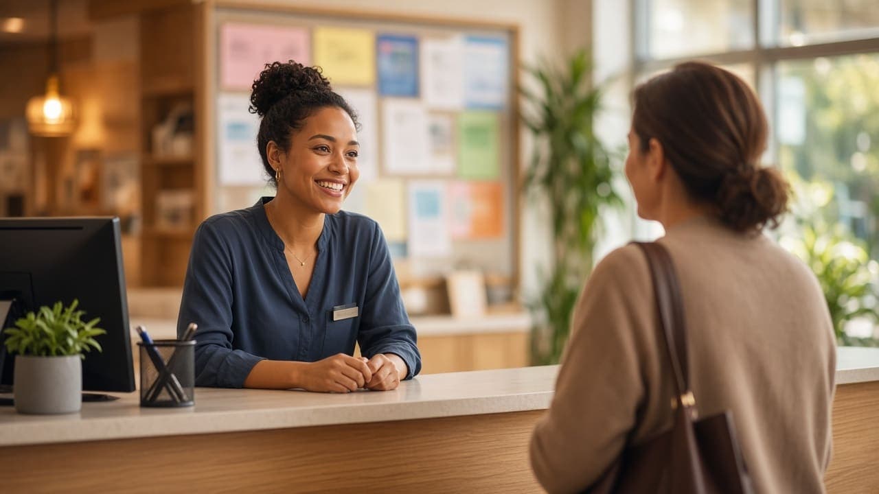 Book a Schoolyi demo School administrator welcoming visitors in a reception area