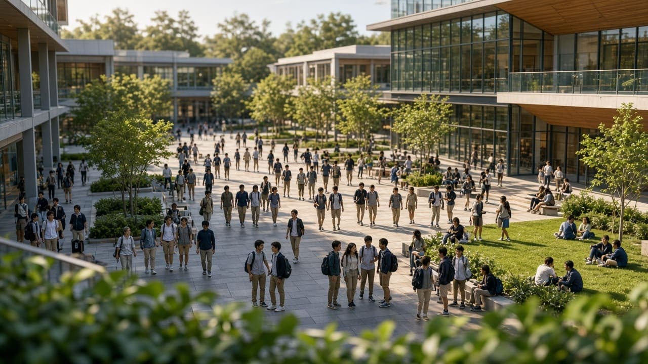 Schoolyi platform — one ERP for the whole school Students on a vibrant modern school campus between classes