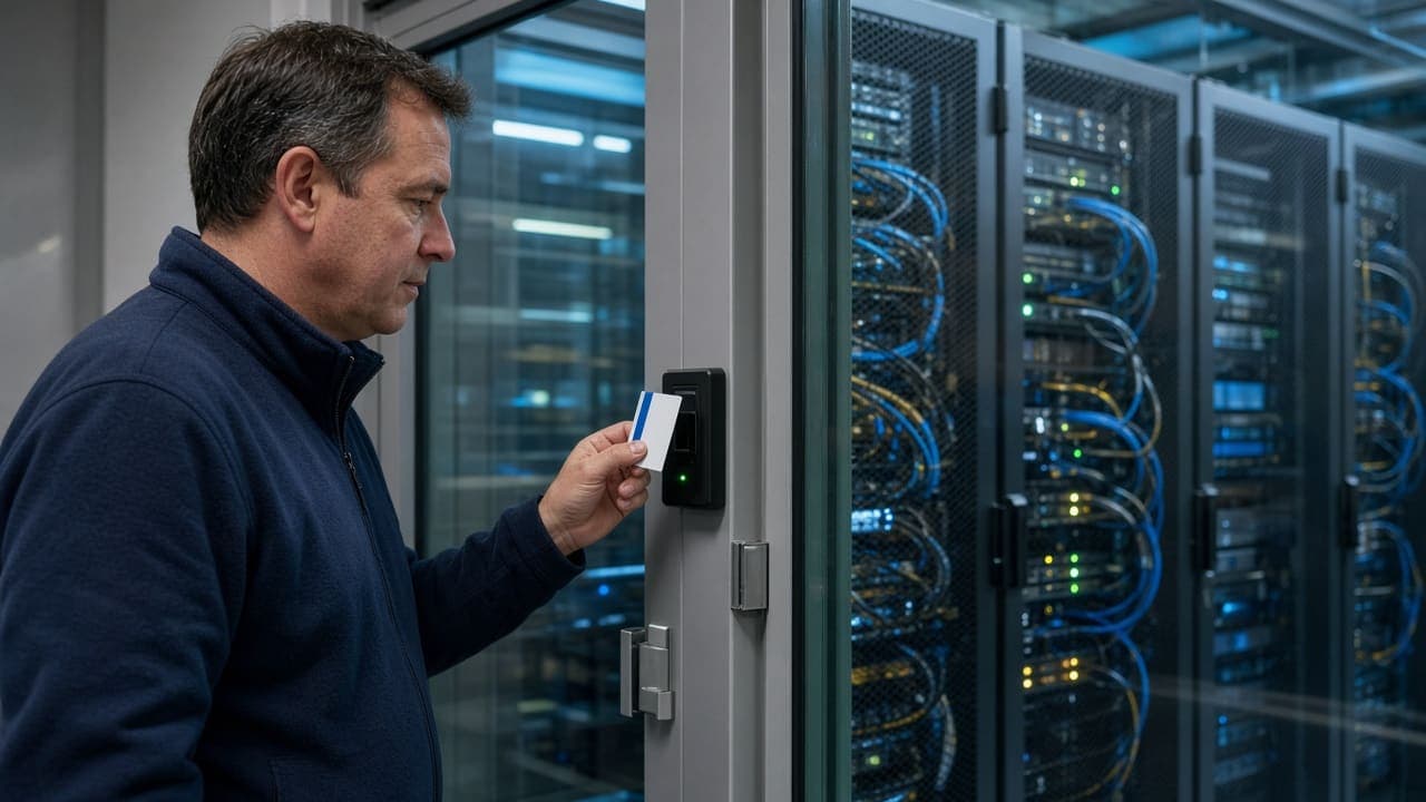 School data security and access control School IT administrator securing a server room with badge access