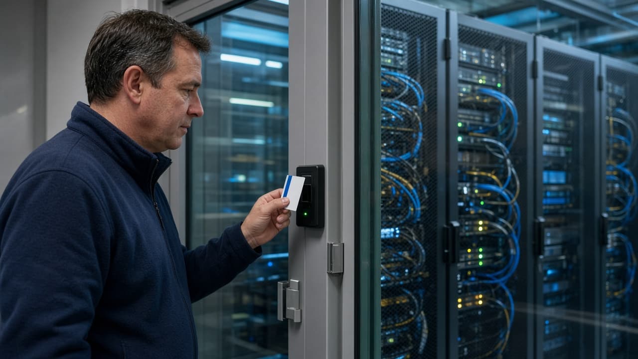 School data security and access control School IT administrator securing a server room with badge access