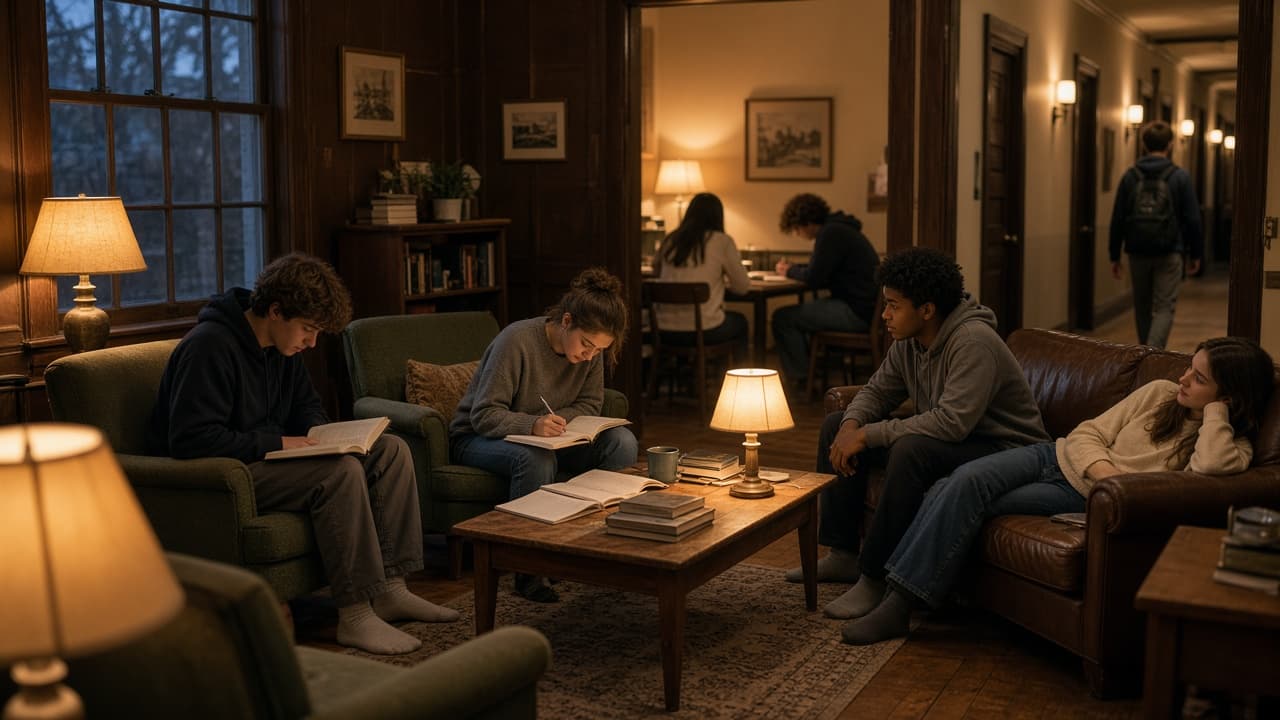 Boarding — houses, rooms, and residential life Boarding school common room with residential students relaxing