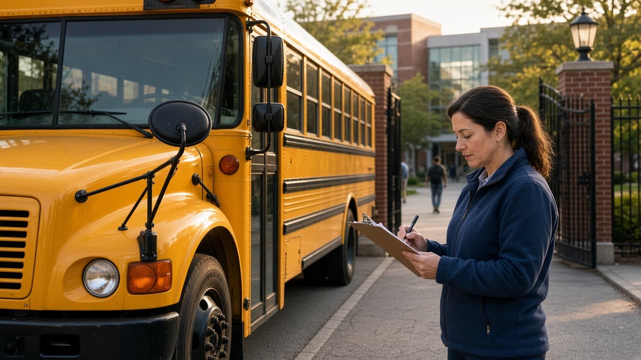 Operations — transport, inventory, and facilities School bus and transport coordinator at campus gate
