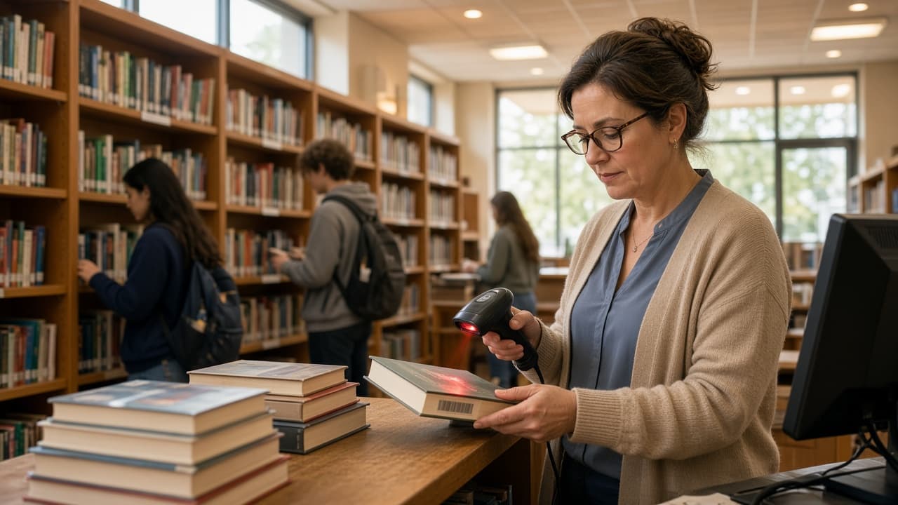 Resources — library, assets, and inventory School library with librarian and students browsing books