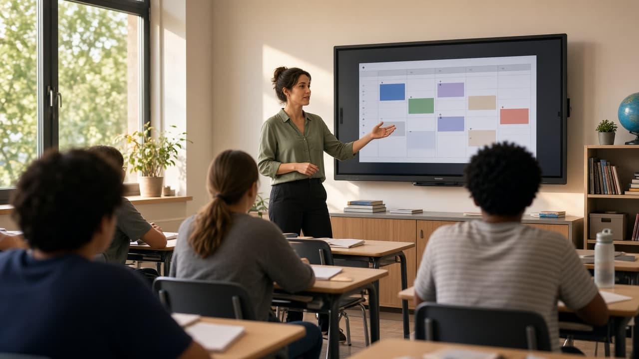 Teaching — timetable, homework, and lesson flow Teacher leading a class with timetable visible on screen