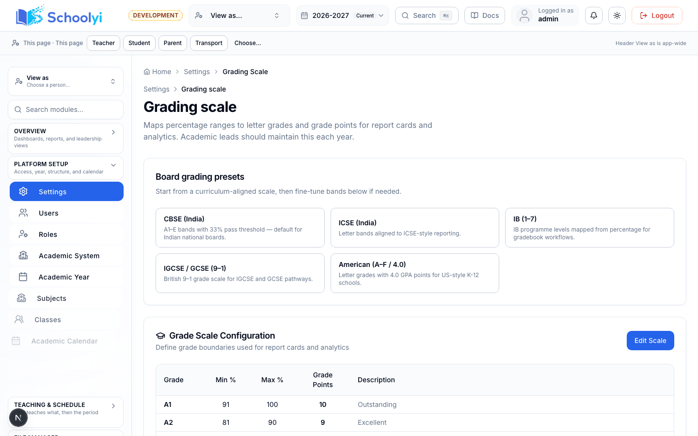 Board-specific grading scale presets