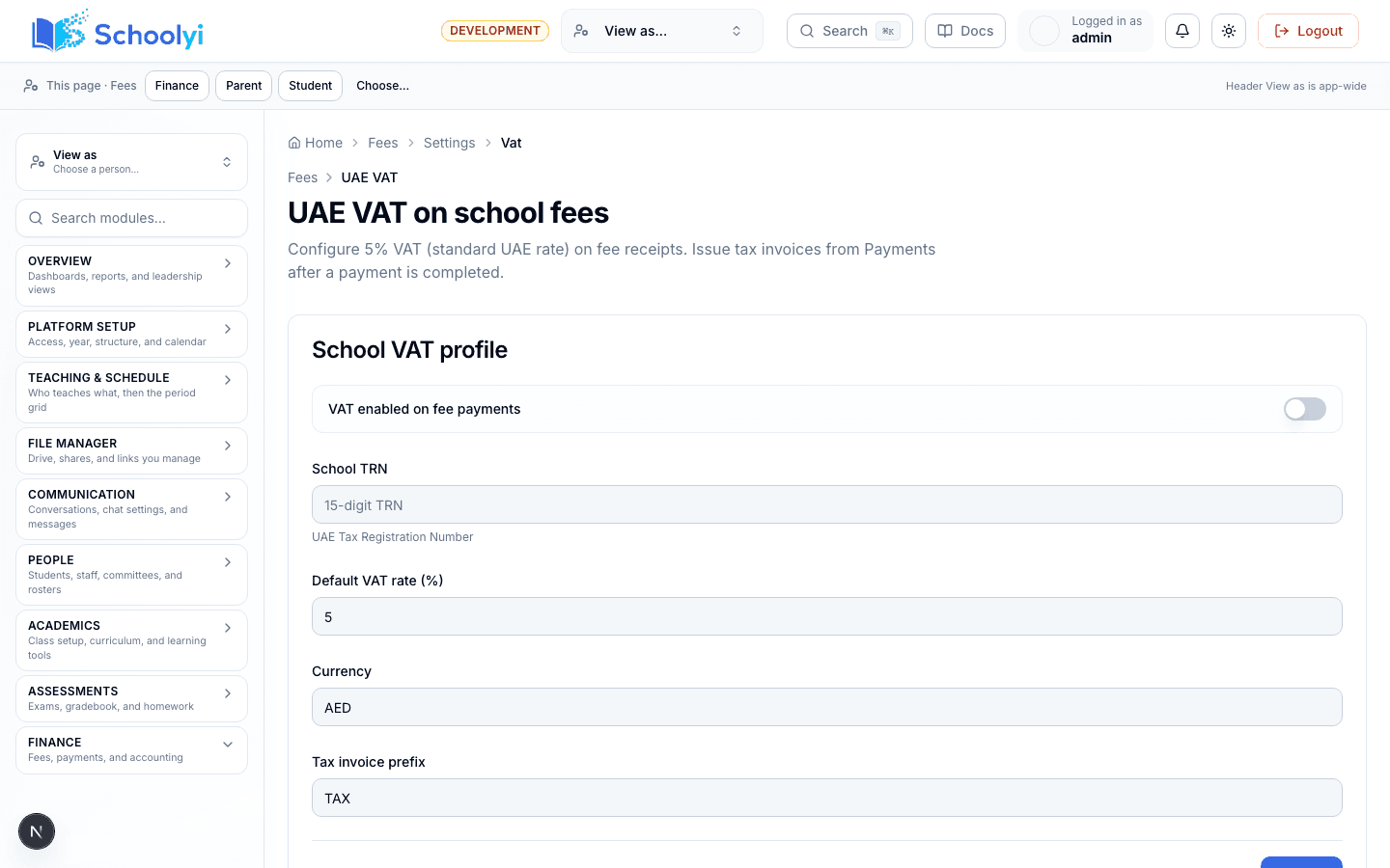 UAE VAT configuration (TRN, rate, AED)