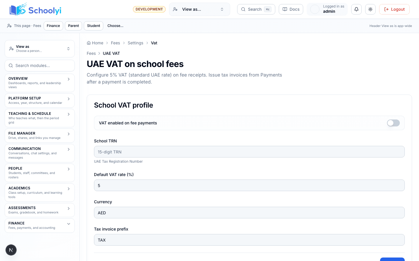 UAE VAT configuration (TRN, rate, AED)